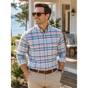 Lands' End Supima No Iron Oxford Plaid Button Down Shirt Men's Large 16.5-33